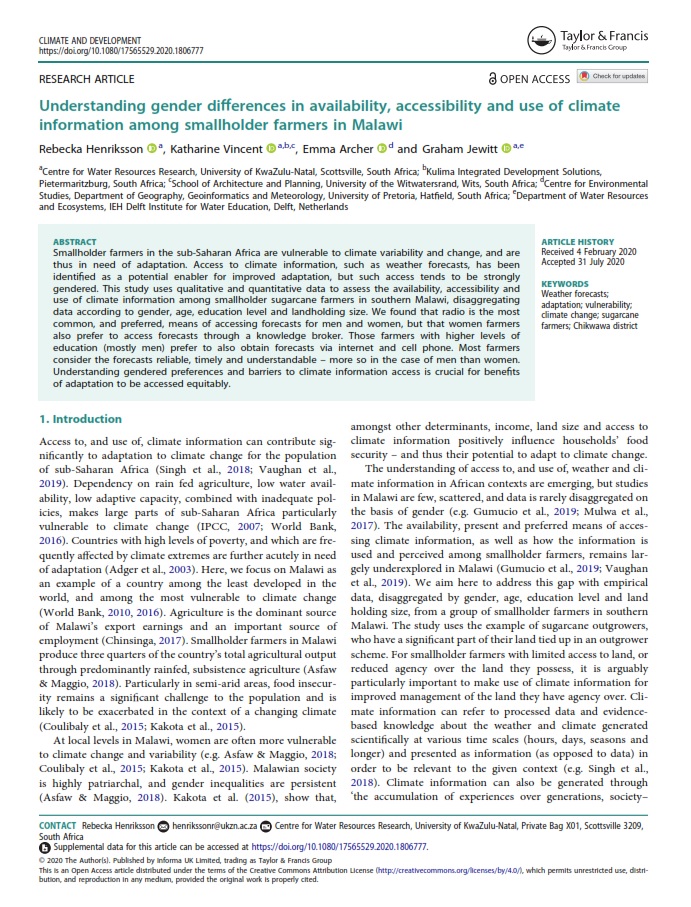 “Understanding gender differences in availability, accessibility and use of climate information among smallholder farmers in Malawi” New paper from the UMFULA project with inputs from Kulima