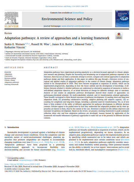 “Adaptation pathways: A review of approaches and a learning framework” New paper in Environmental Science and Policy, with inputs from Kulima