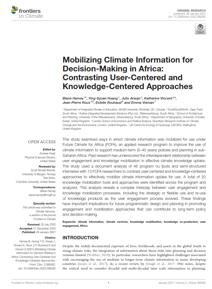 “Mobilizing Climate Information for Decision-Making in Africa: Contrasting User-Centered and Knowledge-Centered Approaches” New paper with inputs from Kulima