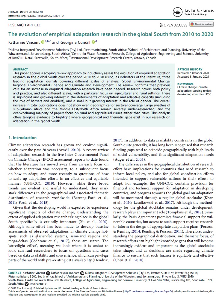 “The evolution of empirical adaptation research in the global South from 2010 to 2020” New paper in Climate and Development, led by Kulima