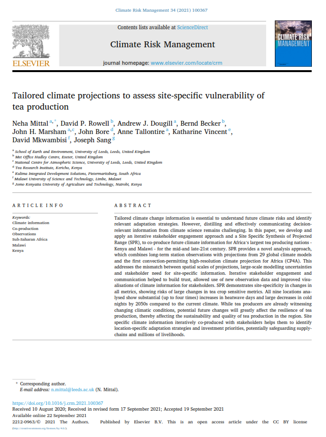 “Tailored climate projections to assess site-specific vulnerability of tea production” New paper with inputs from Kulima