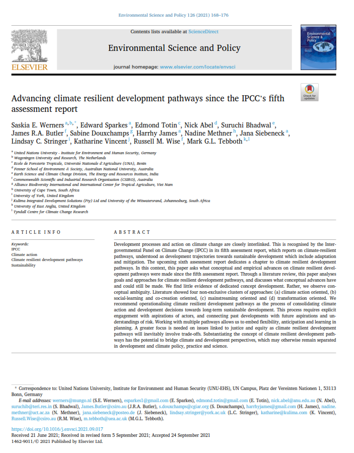 “Advancing climate resilient development pathways since the IPCC’s fifth assessment report” New paper with inputs from Kulima